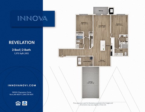 Floor plan for 2 beds, 2 baths, 1373 sqft